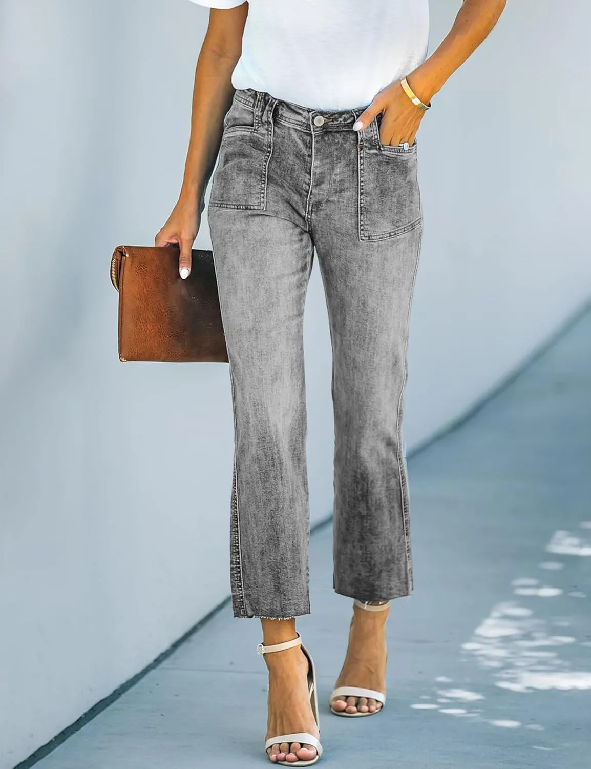 ALLABREVE Wide Leg Jeans for Women High Waisted Stretchy Denim Capri Pants Hem Cropped Baggy Straight Leg Jeans with Pocket