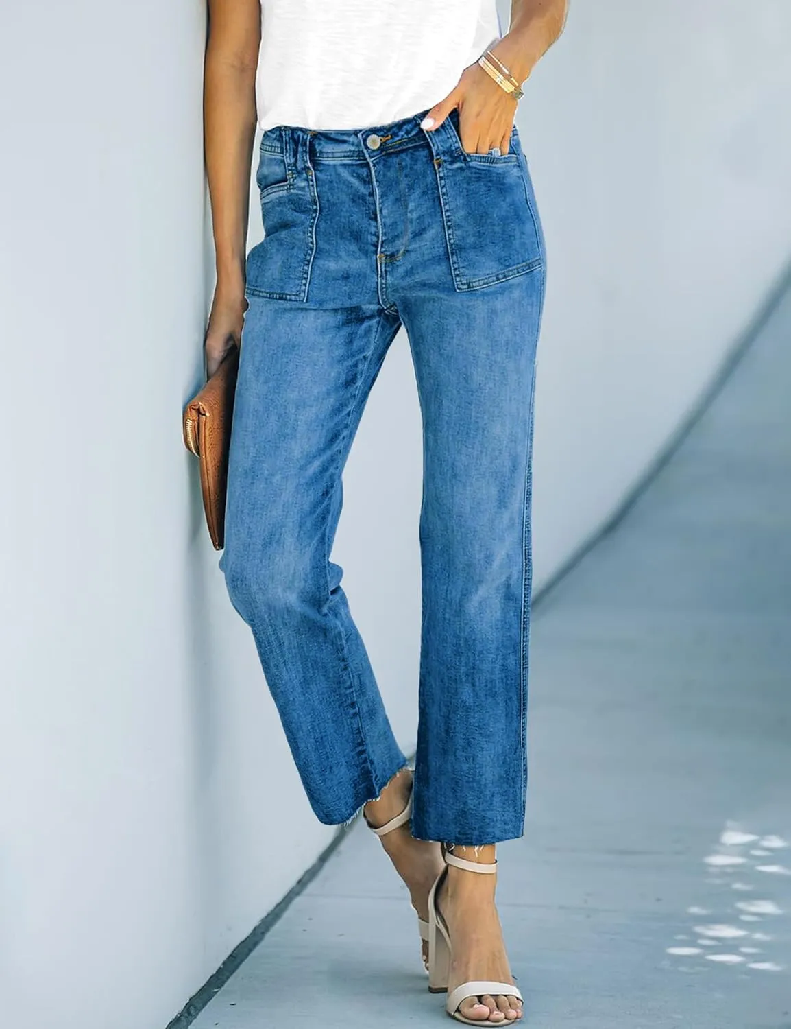 ALLABREVE Wide Leg Jeans for Women High Waisted Stretchy Denim Capri Pants Hem Cropped Baggy Straight Leg Jeans with Pocket