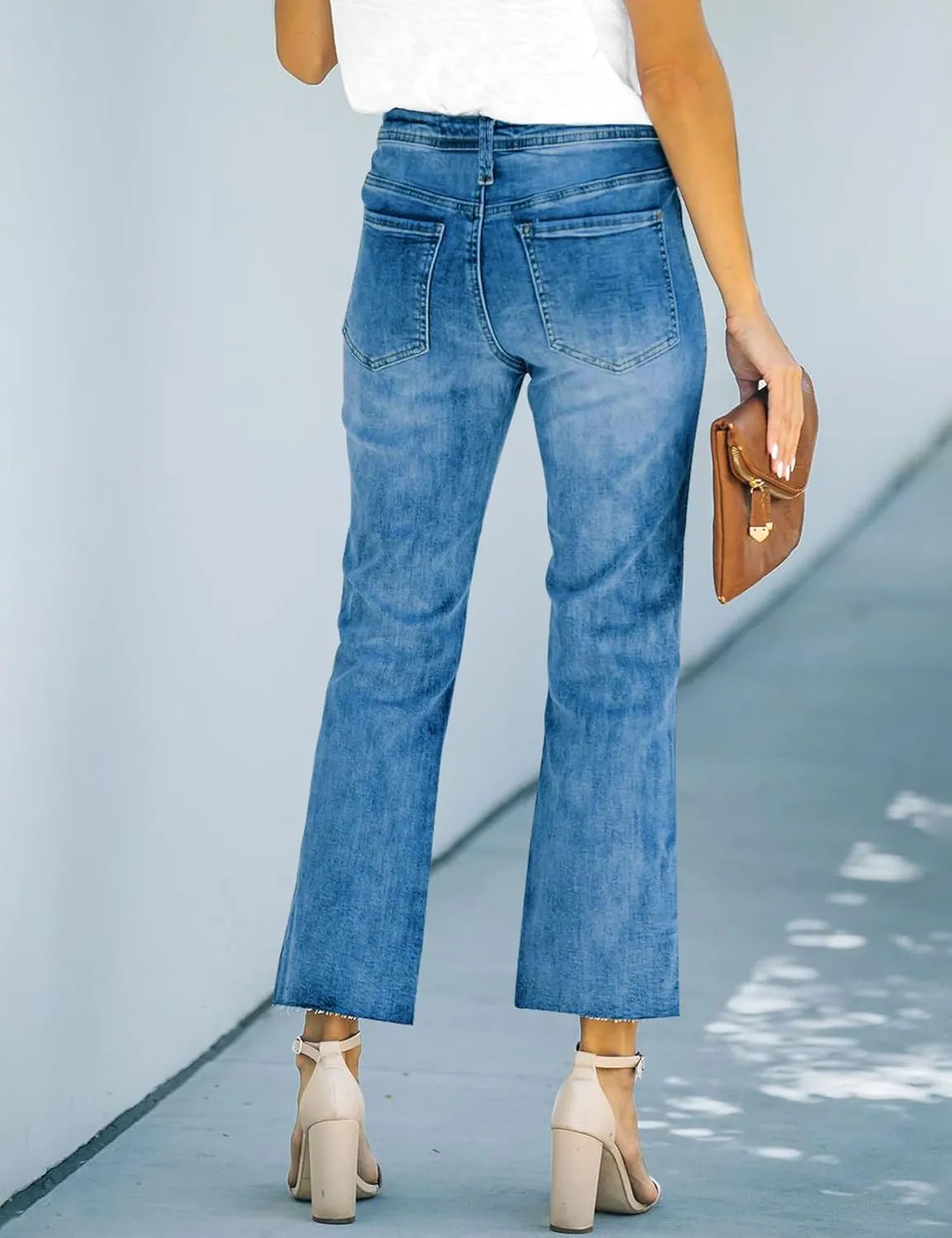 ALLABREVE Wide Leg Jeans for Women High Waisted Stretchy Denim Capri Pants Hem Cropped Baggy Straight Leg Jeans with Pocket