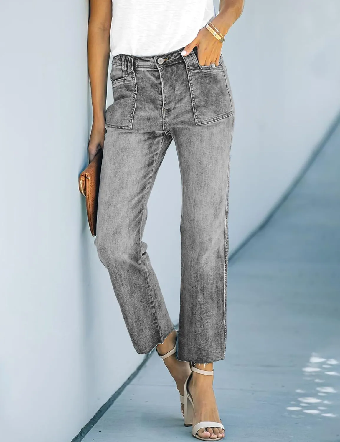 ALLABREVE Wide Leg Jeans for Women High Waisted Stretchy Denim Capri Pants Hem Cropped Baggy Straight Leg Jeans with Pocket