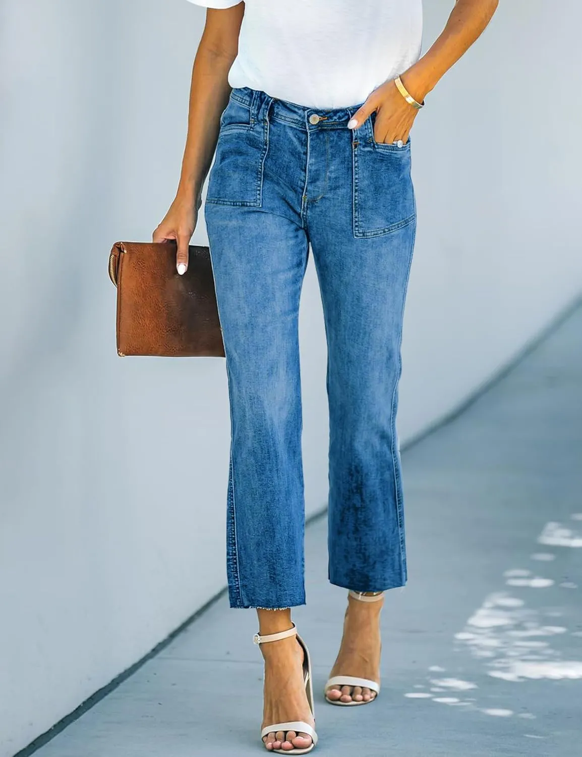 ALLABREVE Wide Leg Jeans for Women High Waisted Stretchy Denim Capri Pants Hem Cropped Baggy Straight Leg Jeans with Pocket