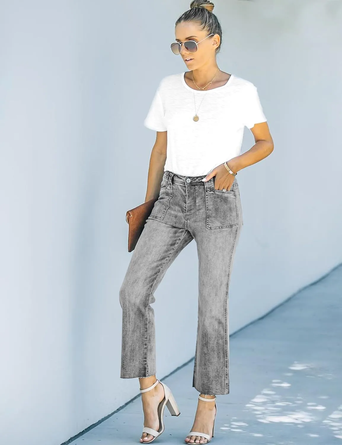 ALLABREVE Wide Leg Jeans for Women High Waisted Stretchy Denim Capri Pants Hem Cropped Baggy Straight Leg Jeans with Pocket