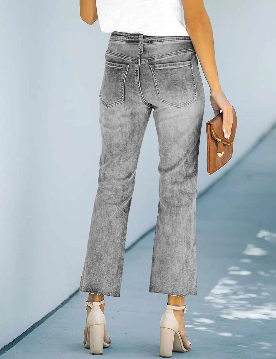 ALLABREVE Wide Leg Jeans for Women High Waisted Stretchy Denim Capri Pants Hem Cropped Baggy Straight Leg Jeans with Pocket