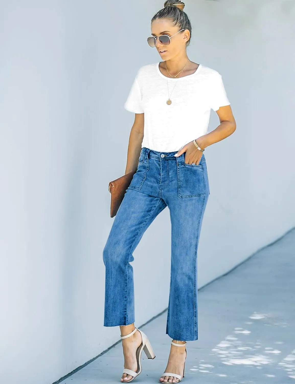 ALLABREVE Wide Leg Jeans for Women High Waisted Stretchy Denim Capri Pants Hem Cropped Baggy Straight Leg Jeans with Pocket