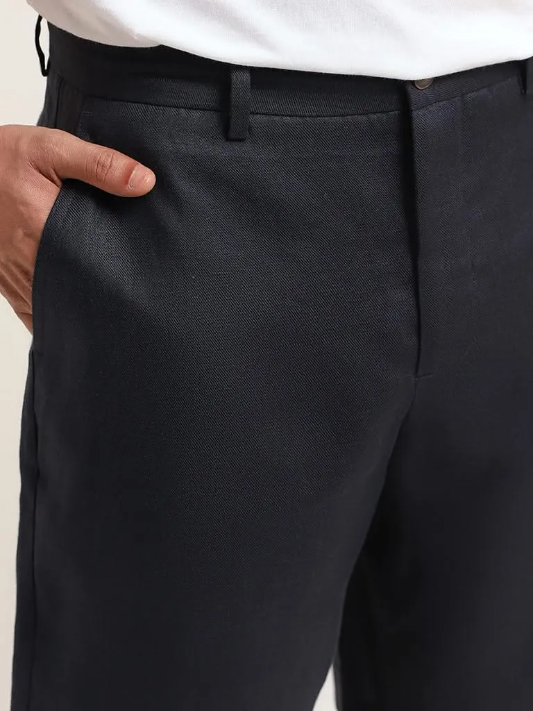 Ascot Solid Navy Mid Rise Relaxed Fit Linen Shorts