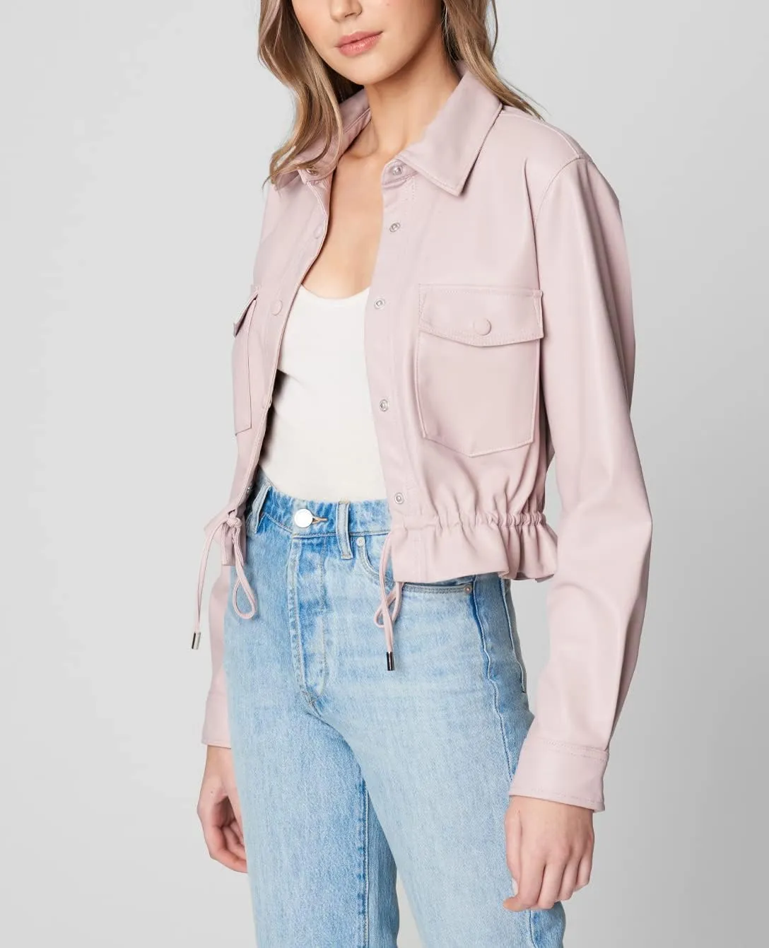 [BLANKNYC] womens Vegan Leather Cropped Shirt Jacket With Pockts and Drawstring, Stylish Shacket & Designer ClothingJacket