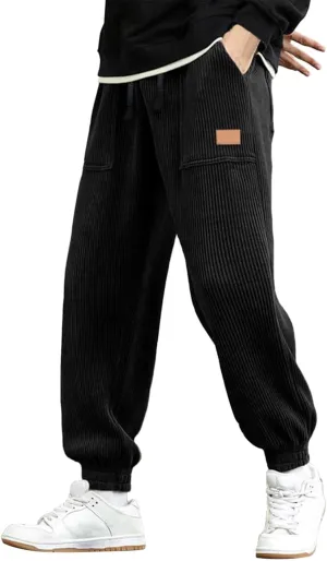 CRNTCEM Cuffed Corduory Sweatpant for Men Elastic Waist Casual Jogging Pants Winter Warm Straight Leg Athletic Harem Pants
