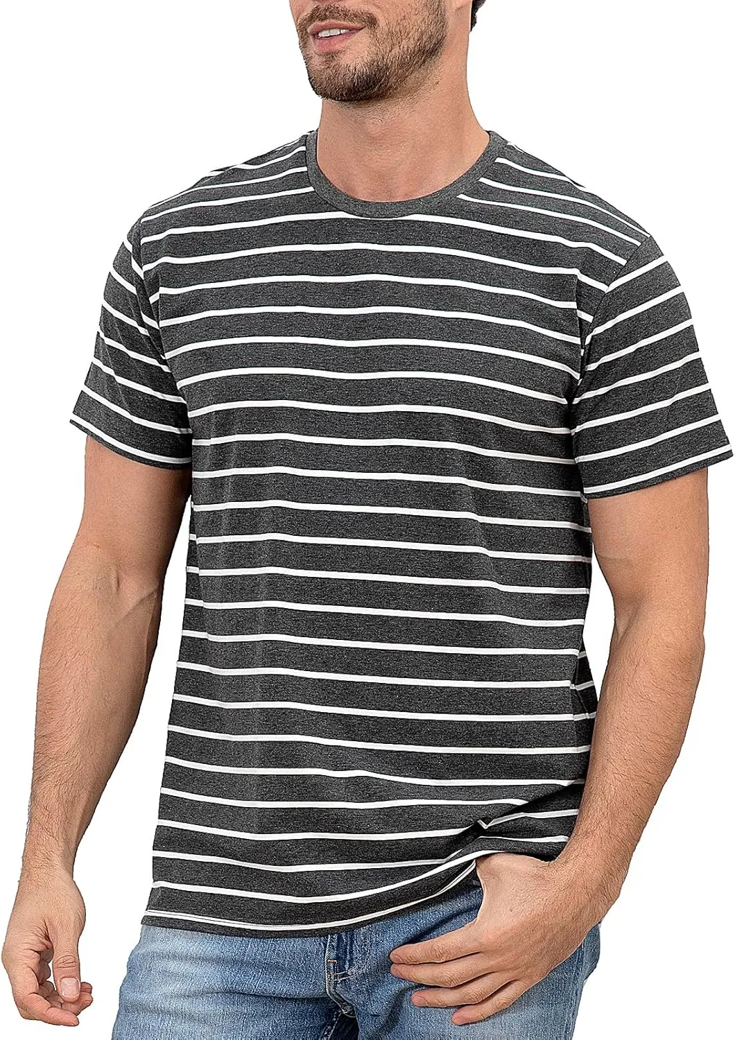 Funny World Men's Casual Cotton Striped T-Shirts Short Sleeve Crewneck Basic Tee