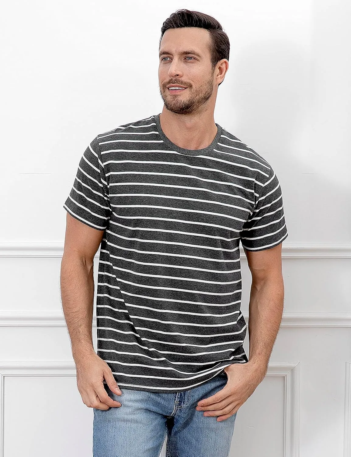 Funny World Men's Casual Cotton Striped T-Shirts Short Sleeve Crewneck Basic Tee