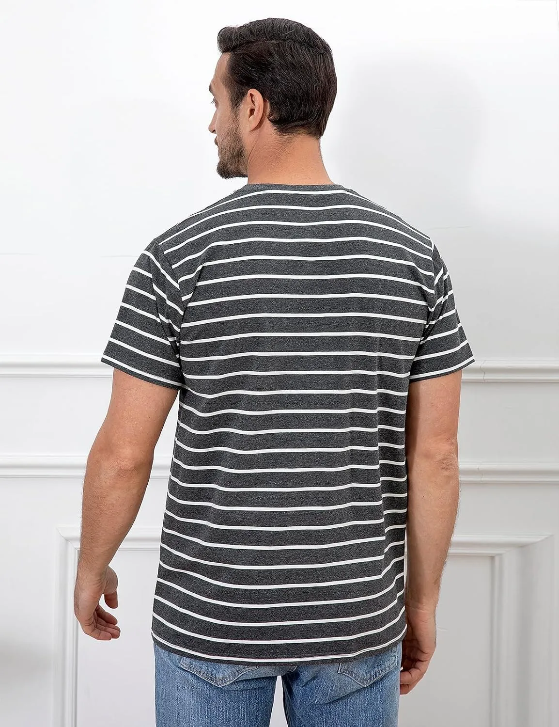 Funny World Men's Casual Cotton Striped T-Shirts Short Sleeve Crewneck Basic Tee