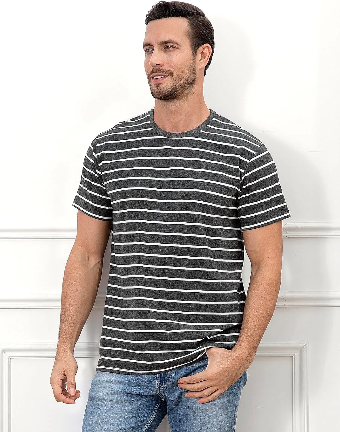 Funny World Men's Casual Cotton Striped T-Shirts Short Sleeve Crewneck Basic Tee