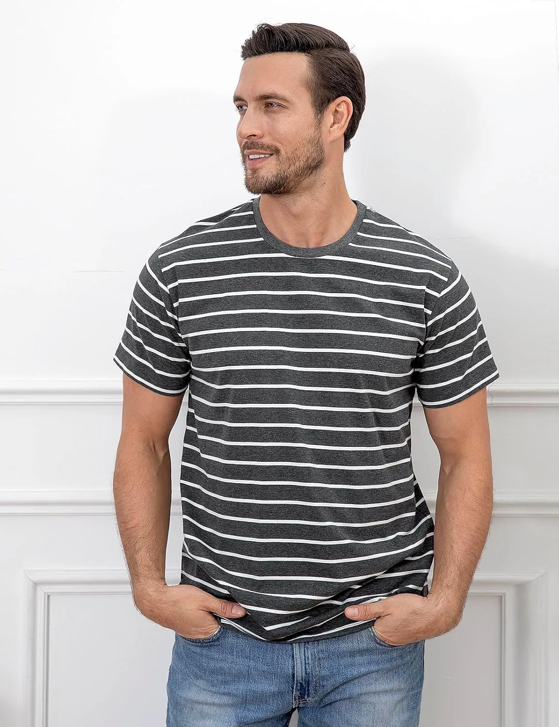 Funny World Men's Casual Cotton Striped T-Shirts Short Sleeve Crewneck Basic Tee