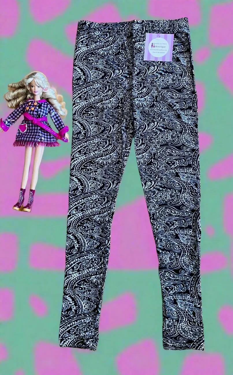 Girls Paisley Leggings, Kids Yoga Pants, Sizes S/L, No-Roll Waist, Black/White