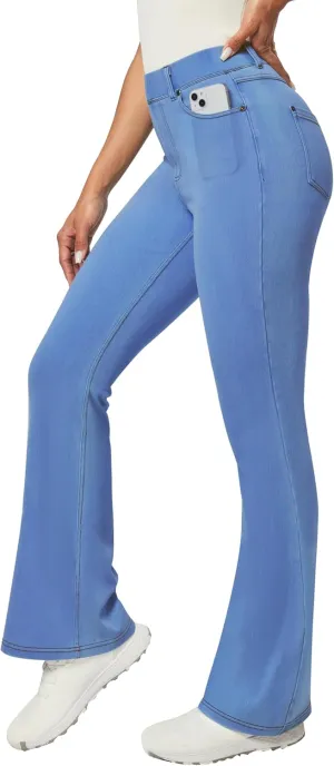 Heathyoga Flare Jeans for Women Trendy Stretchy Bell Bottom Jeans for Women Pull on Jeggings Tummy Control with Pockets