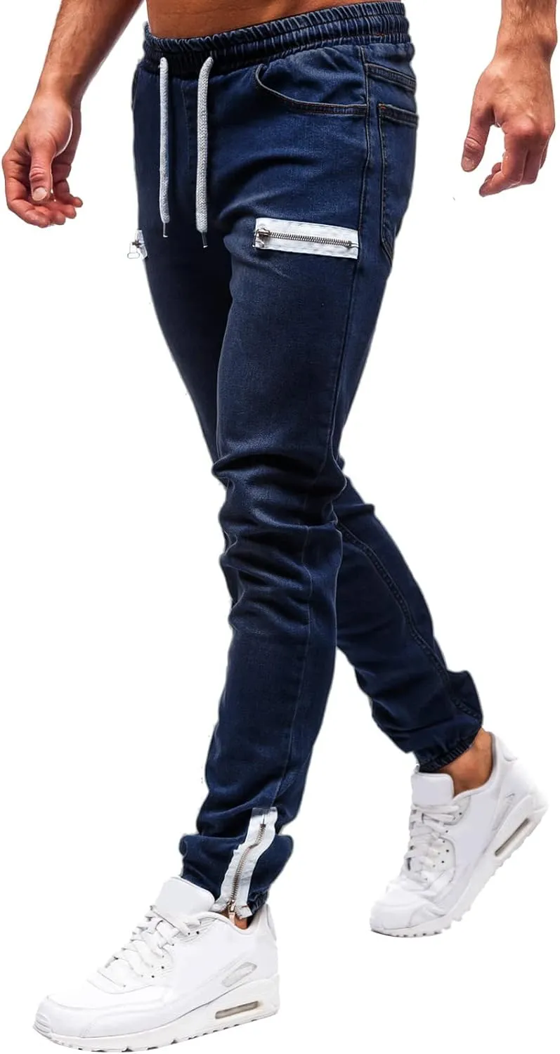 Jeans for Men Slim Fit Vintage Jeans Loose Denim Pants with Zipper Pockets Hip Hop Elastic Dance Pants Streetwear