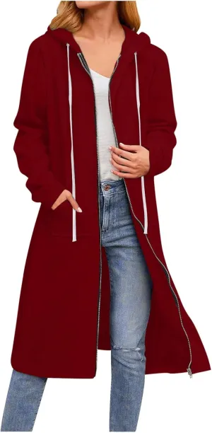 Long Jackets For Women Zip Up Hoodies Long Sleeve Fall Hooded Sweatshirt Coat Fashion Oversized Jacket With Pockets