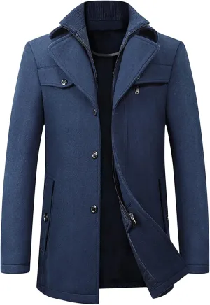 Maiyifu-GJ Men Layered Collar Wool Blend Jacket Military Single Breasted Pea Coat Thick Stylish Quilted Lined Trench Overcoat