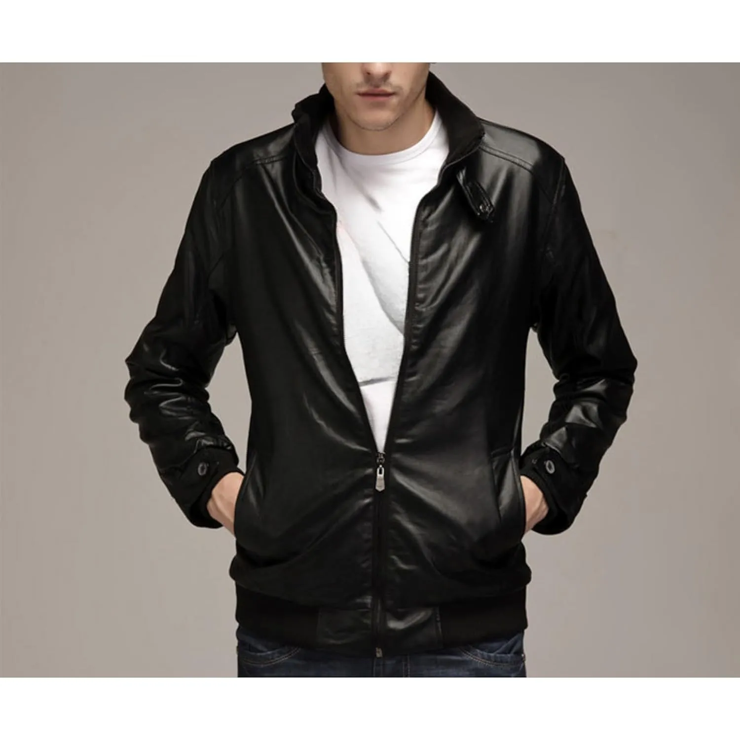 Maiyifu-GJ Men Stand Collar Faux Leather Jacket Lightweight Pu Vintage Outwear Coat Regular Fit Stylish Motorcycle Jackets (Black,Medium)