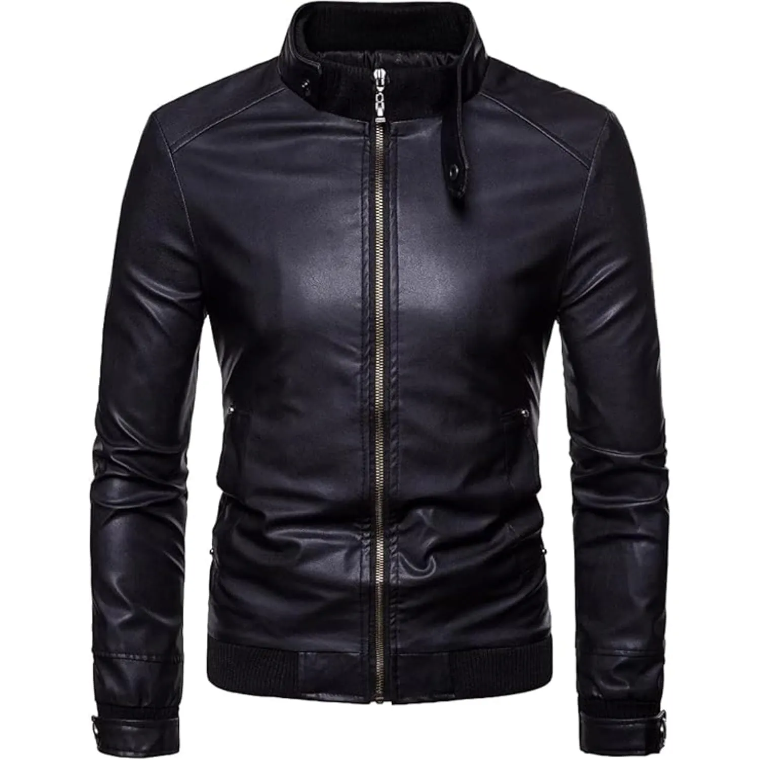 Maiyifu-GJ Men Stand Collar Faux Leather Jacket Lightweight Pu Vintage Outwear Coat Regular Fit Stylish Motorcycle Jackets (Black,Medium)