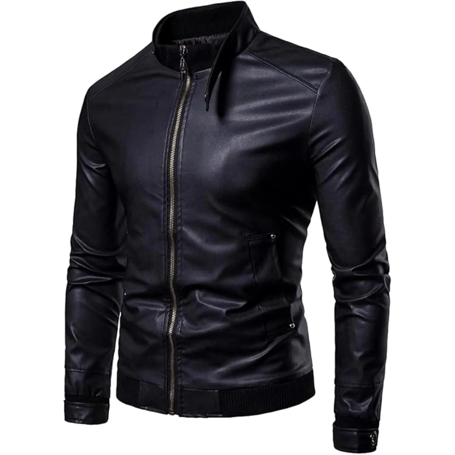 Maiyifu-GJ Men Stand Collar Faux Leather Jacket Lightweight Pu Vintage Outwear Coat Regular Fit Stylish Motorcycle Jackets (Black,Medium)