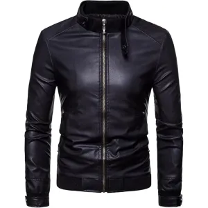 Maiyifu-GJ Men Stand Collar Faux Leather Jacket Lightweight Pu Vintage Outwear Coat Regular Fit Stylish Motorcycle Jackets (Black,Medium)