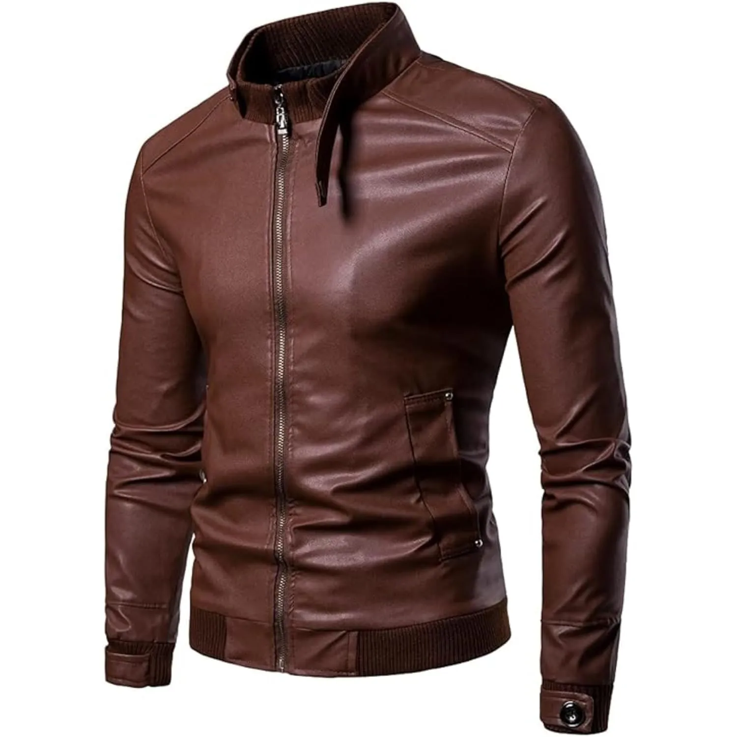 Maiyifu-GJ Men Stand Collar Faux Leather Jacket Lightweight Pu Vintage Outwear Coat Regular Fit Stylish Motorcycle Jackets (Coffe,Medium)