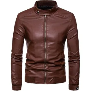 Maiyifu-GJ Men Stand Collar Faux Leather Jacket Lightweight Pu Vintage Outwear Coat Regular Fit Stylish Motorcycle Jackets (Coffe,Medium)