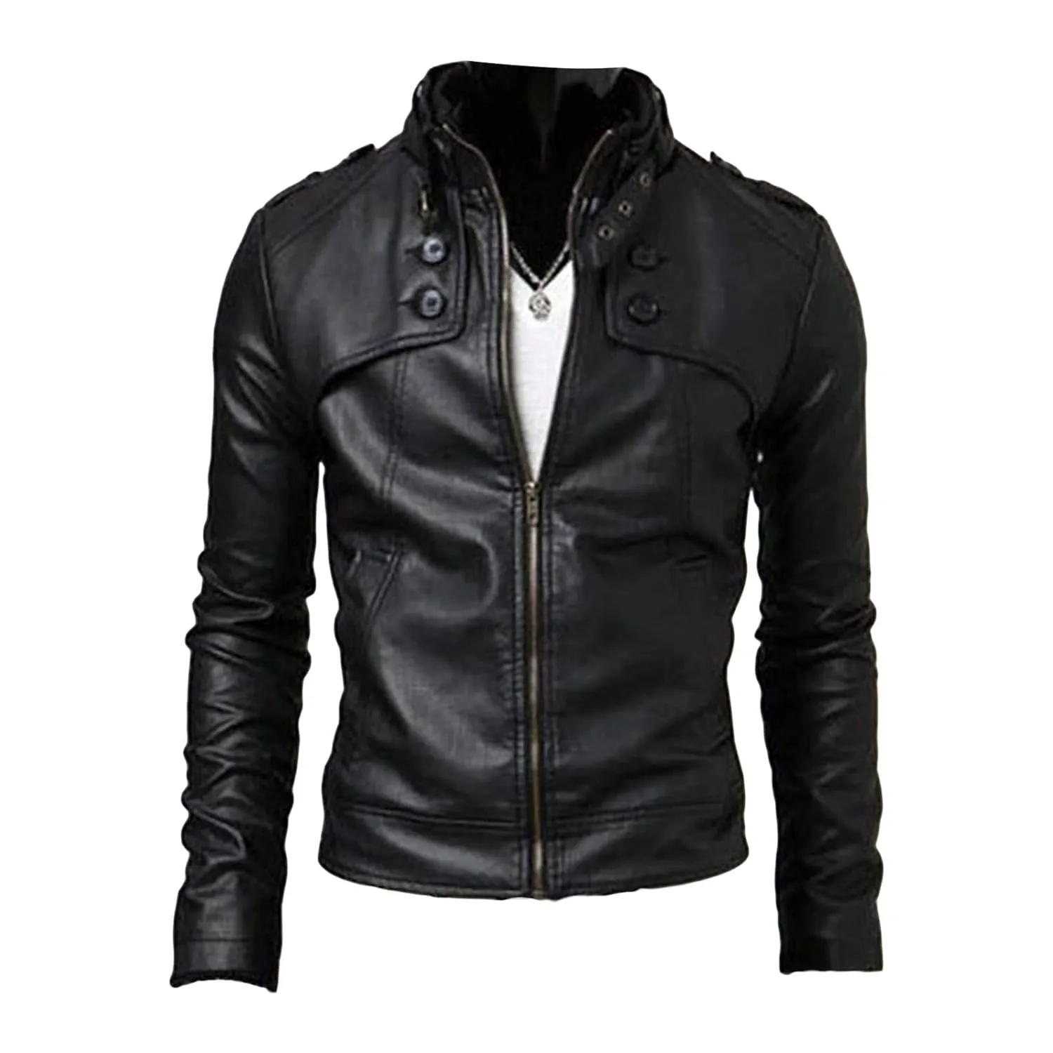 Maiyifu-GJ Men Stand Collar Faux Leather Jacket Regular Fit Stylish Motorcycle Jackets Lightweight Pu Vintage Outwear Coat (Black,Small)
