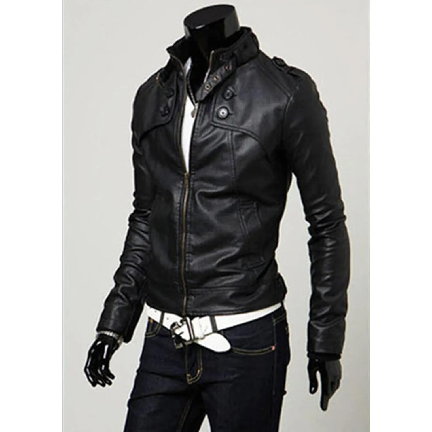 Maiyifu-GJ Men Stand Collar Faux Leather Jacket Regular Fit Stylish Motorcycle Jackets Lightweight Pu Vintage Outwear Coat (Black,Small)