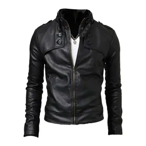 Maiyifu-GJ Men Stand Collar Faux Leather Jacket Regular Fit Stylish Motorcycle Jackets Lightweight Pu Vintage Outwear Coat (Black,Small)