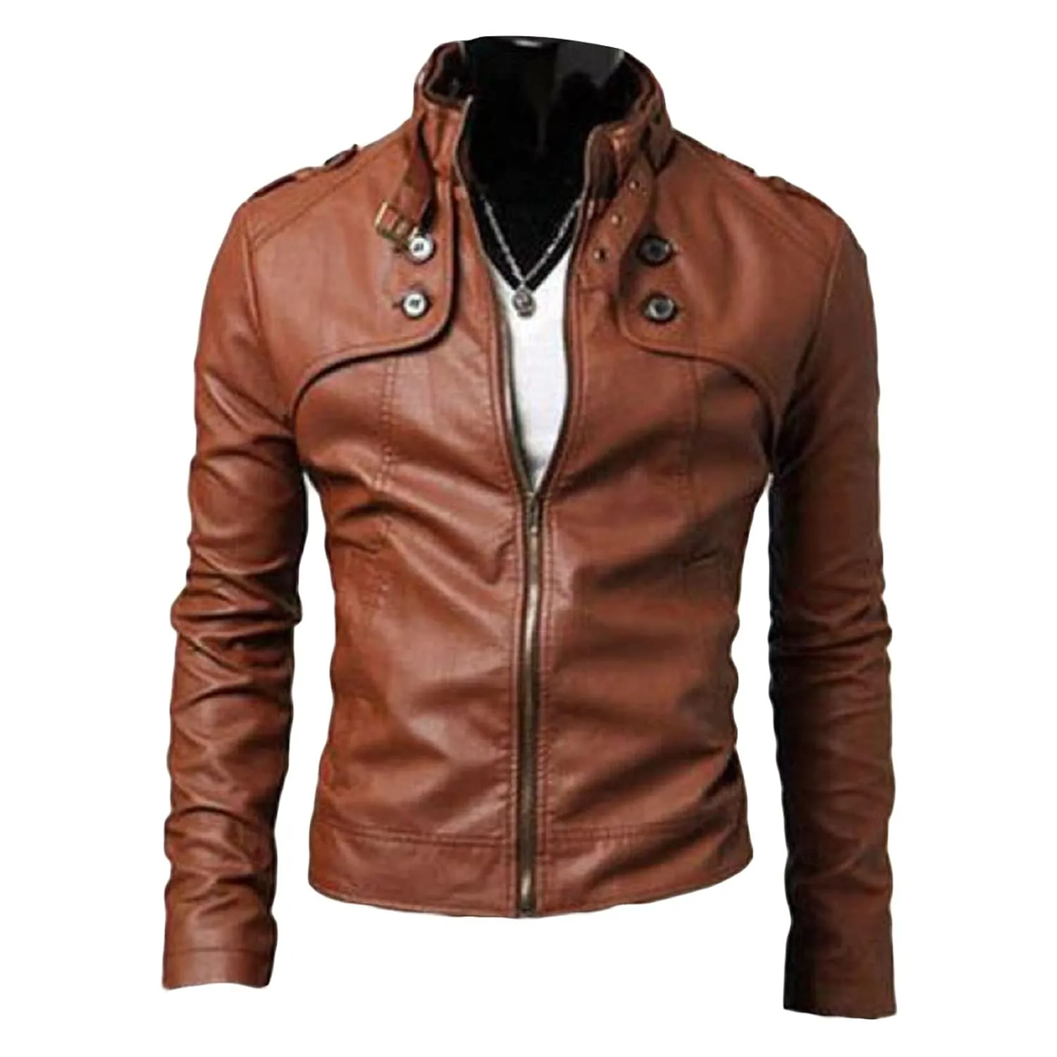 Maiyifu-GJ Men Stand Collar Faux Leather Jacket Regular Fit Stylish Motorcycle Jackets Lightweight Pu Vintage Outwear Coat (Light Brown,Small)