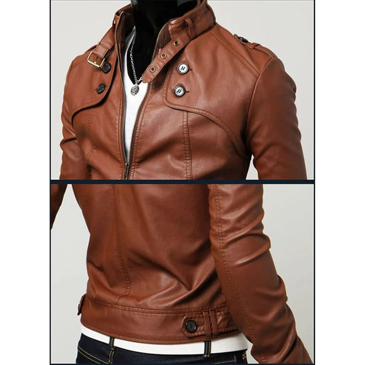 Maiyifu-GJ Men Stand Collar Faux Leather Jacket Regular Fit Stylish Motorcycle Jackets Lightweight Pu Vintage Outwear Coat (Light Brown,Small)