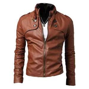 Maiyifu-GJ Men Stand Collar Faux Leather Jacket Regular Fit Stylish Motorcycle Jackets Lightweight Pu Vintage Outwear Coat (Light Brown,Small)