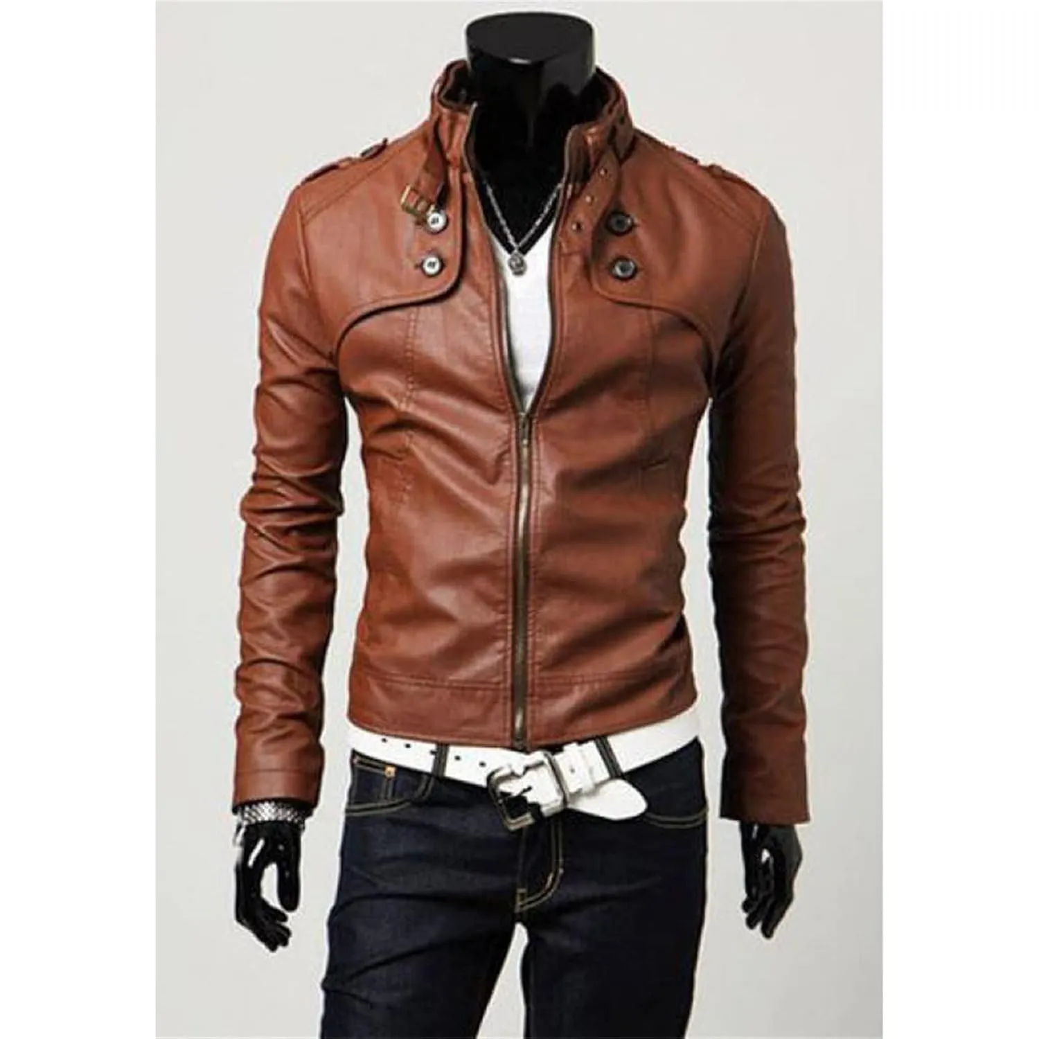 Maiyifu-GJ Men Stand Collar Faux Leather Jacket Regular Fit Stylish Motorcycle Jackets Lightweight Pu Vintage Outwear Coat (Light Brown,Small)