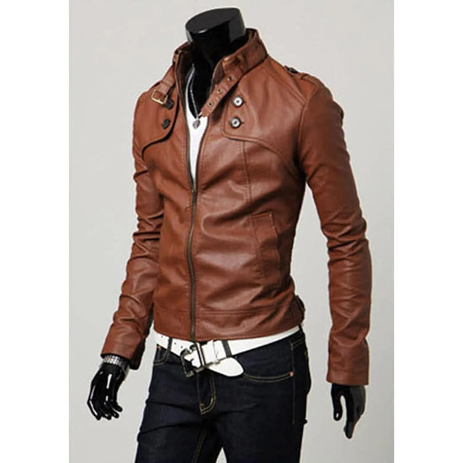 Maiyifu-GJ Men Stand Collar Faux Leather Jacket Regular Fit Stylish Motorcycle Jackets Lightweight Pu Vintage Outwear Coat (Light Brown,Small)