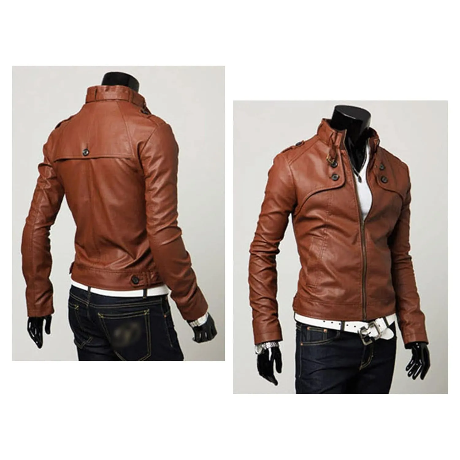 Maiyifu-GJ Men Stand Collar Faux Leather Jacket Regular Fit Stylish Motorcycle Jackets Lightweight Pu Vintage Outwear Coat (Light Brown,Small)
