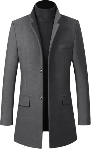 Maiyifu-GJ Mens Mid-Length Single Breasted Coat Stylish Stand Collar Top Pea Coats Winter Windproof Business Trench Overcoat
