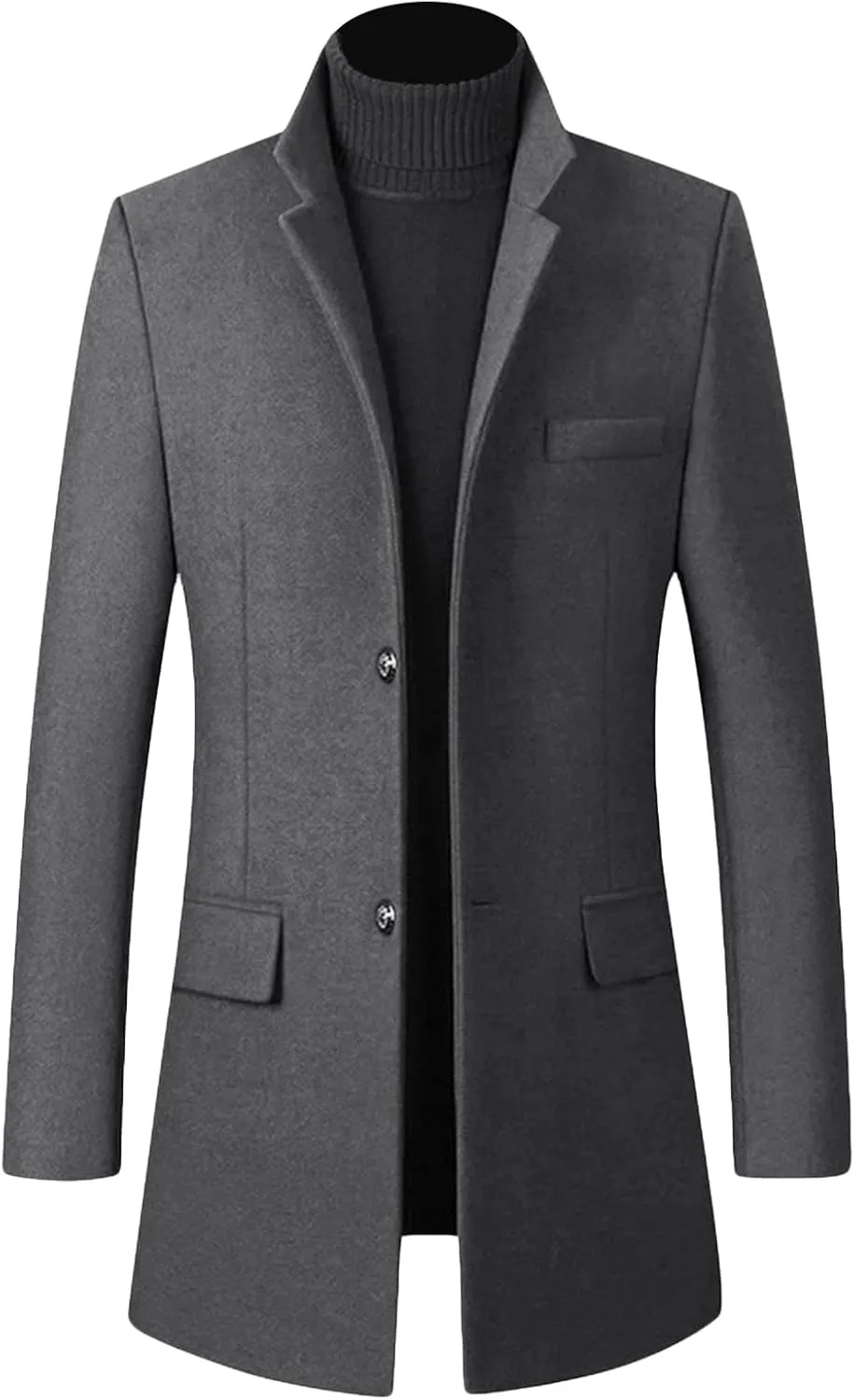 Maiyifu-GJ Mens Mid-Length Single Breasted Coat Stylish Stand Collar Top Pea Coats Winter Windproof Business Trench Overcoat