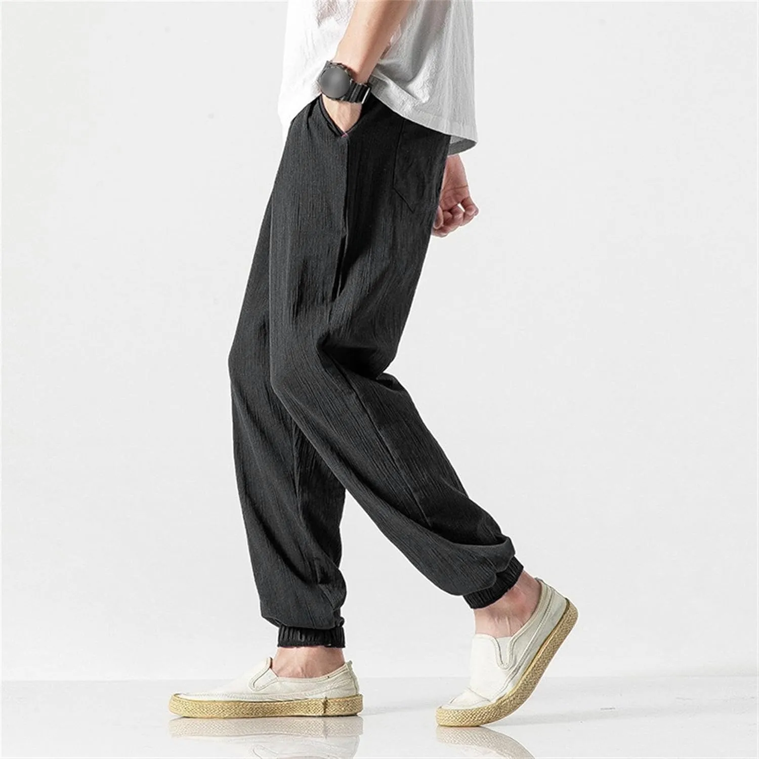 Men's Casual Baggy Solid Tapered Pants Linen Drawstring Stylish Trousers Lightweight Elastic Waist Outdoor Pants