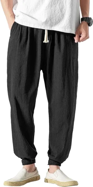 Men's Casual Baggy Solid Tapered Pants Linen Drawstring Stylish Trousers Lightweight Elastic Waist Outdoor Pants