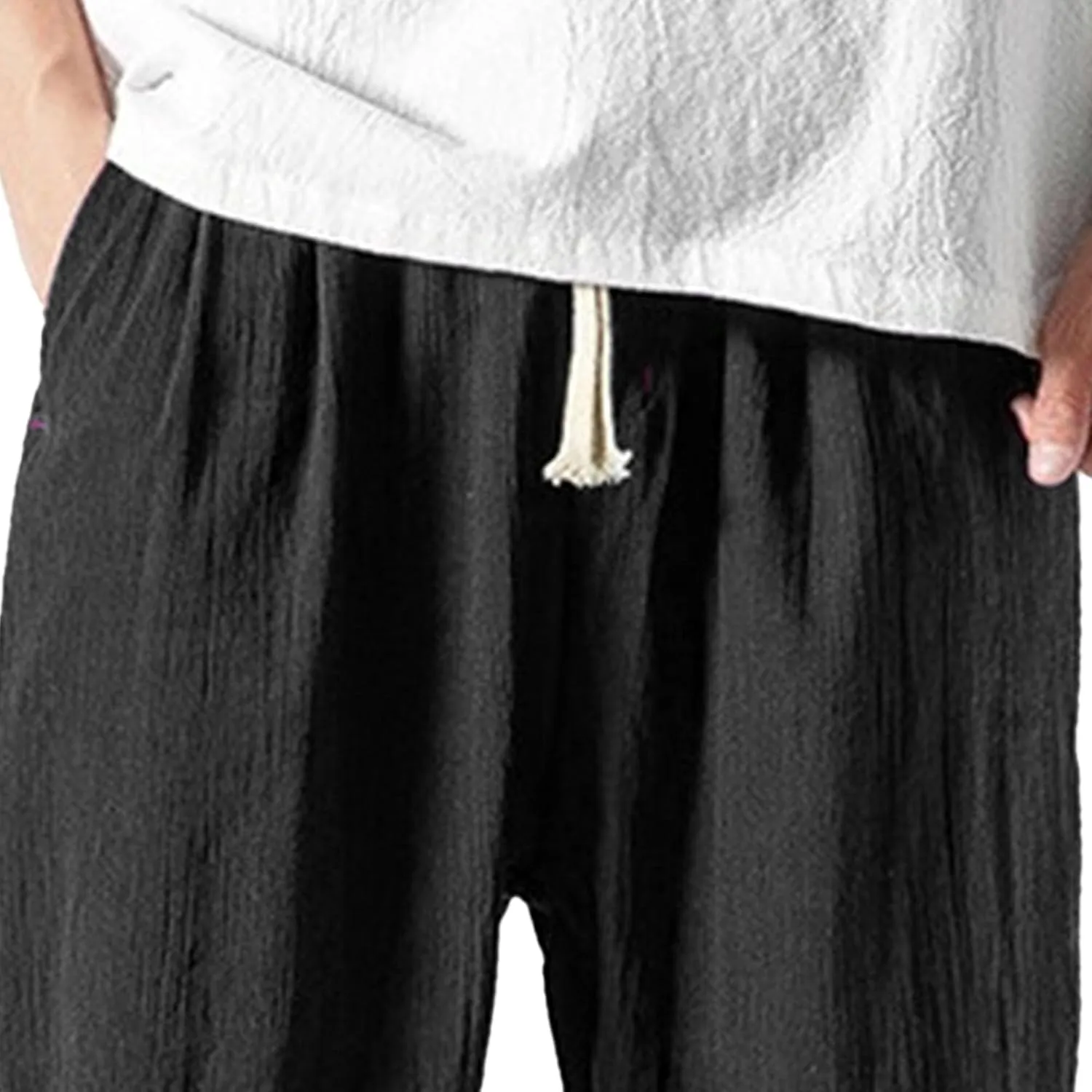 Men's Casual Baggy Solid Tapered Pants Linen Drawstring Stylish Trousers Lightweight Elastic Waist Outdoor Pants
