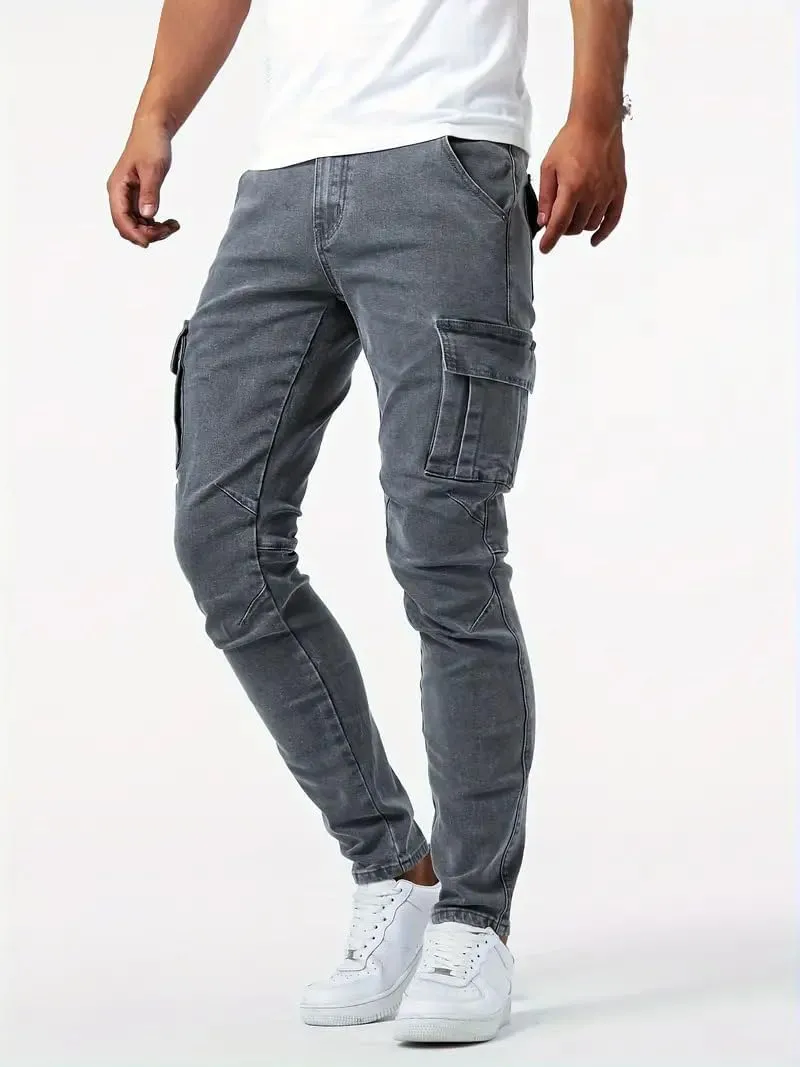 Mens Distressed Moto Biker Jeans Slim Fit Stretch Skinny Denim Pants Fashion Hip Hop Gothic Jeans with Multi Pockets