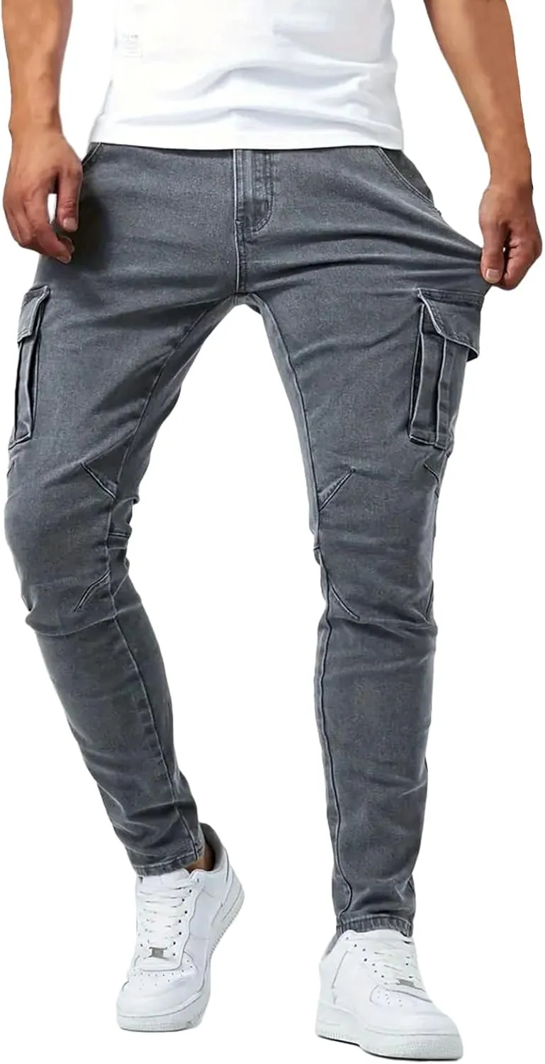 Mens Distressed Moto Biker Jeans Slim Fit Stretch Skinny Denim Pants Fashion Hip Hop Gothic Jeans with Multi Pockets