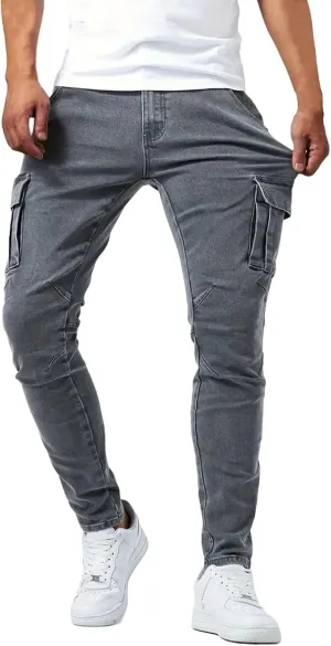 Mens Distressed Moto Biker Jeans Slim Fit Stretch Skinny Denim Pants Fashion Hip Hop Gothic Jeans with Multi Pockets