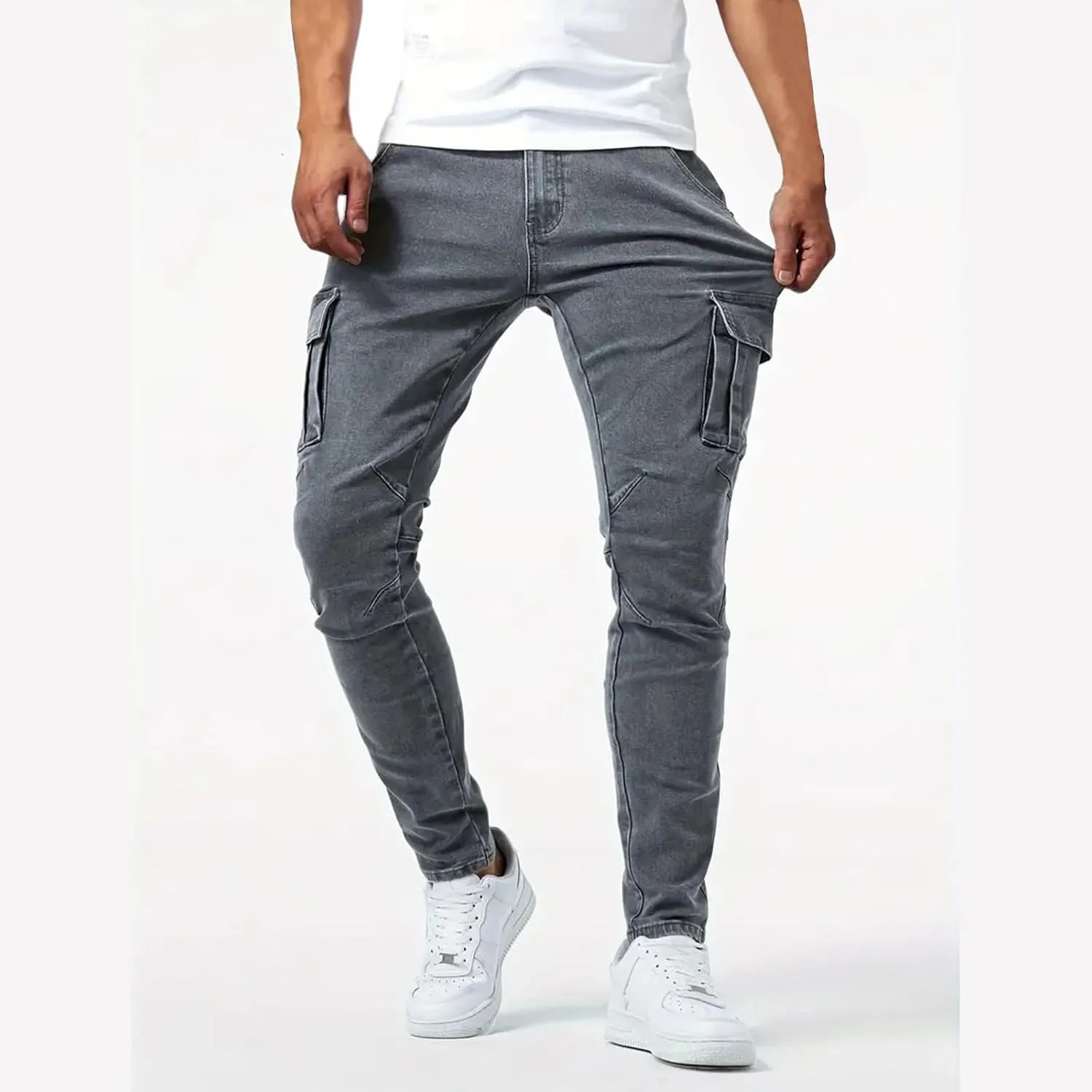 Mens Distressed Moto Biker Jeans Slim Fit Stretch Skinny Denim Pants Fashion Hip Hop Gothic Jeans with Multi Pockets