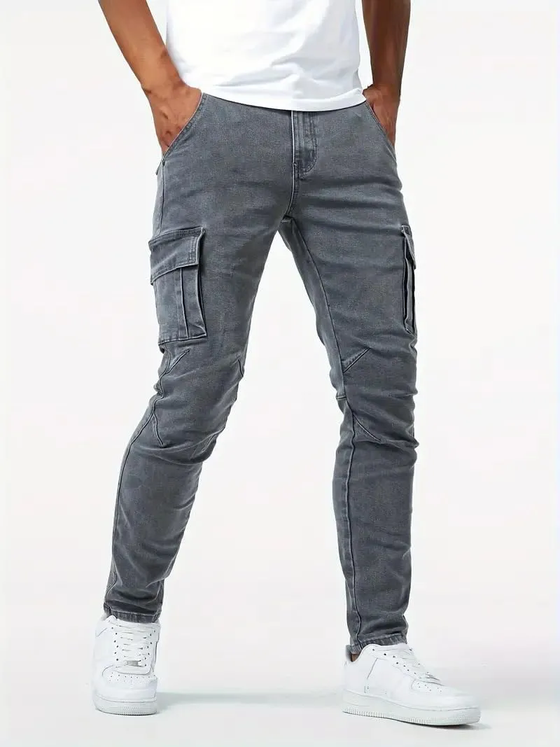 Mens Distressed Moto Biker Jeans Slim Fit Stretch Skinny Denim Pants Fashion Hip Hop Gothic Jeans with Multi Pockets