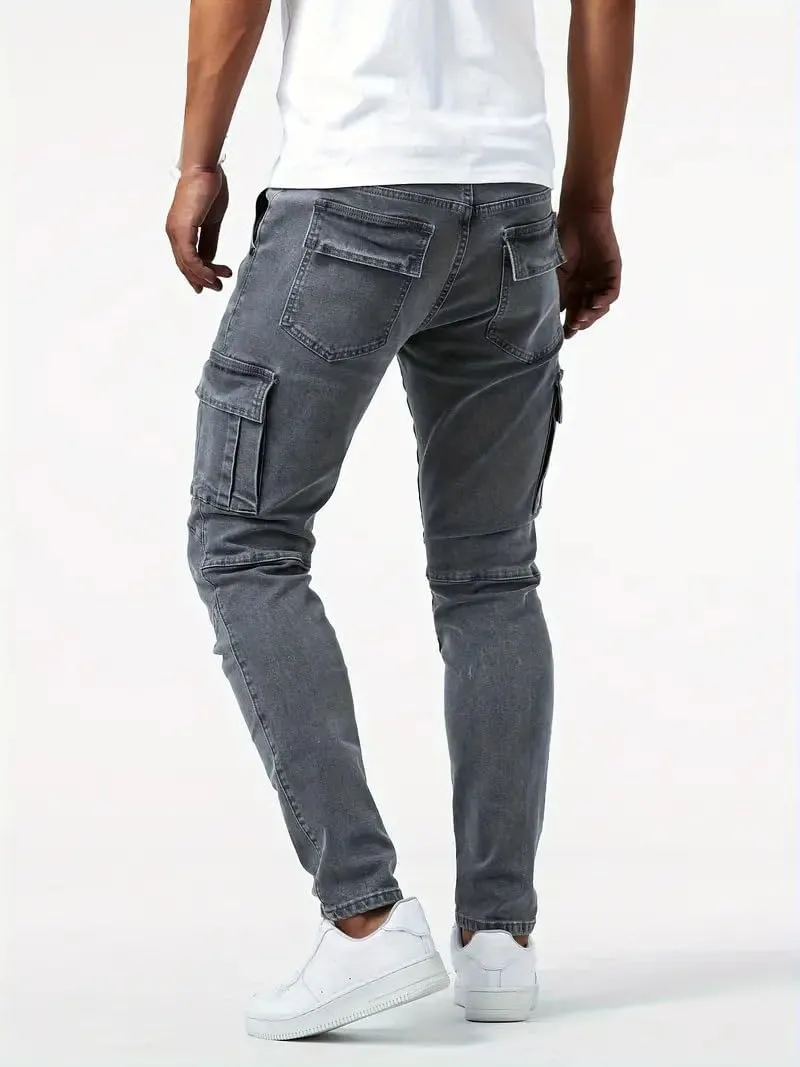 Mens Distressed Moto Biker Jeans Slim Fit Stretch Skinny Denim Pants Fashion Hip Hop Gothic Jeans with Multi Pockets