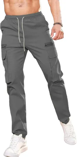 Men's Drawstring Straight Leg Cargo Pants Elastic Waist Athletic Work Trousers Stylish Casual Solid Outdoor Pants