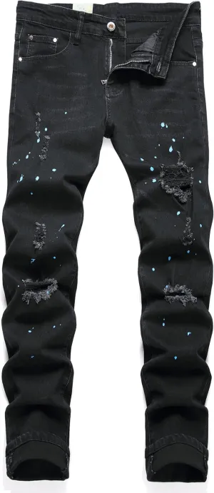 Men's Fashion Washed Perforated Elastic Slim Fit Jeans