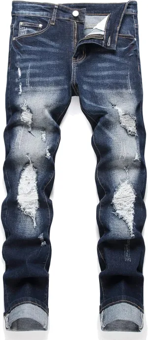 Men's Fashion Washed Perforated Elastic Slim Fit Jeans